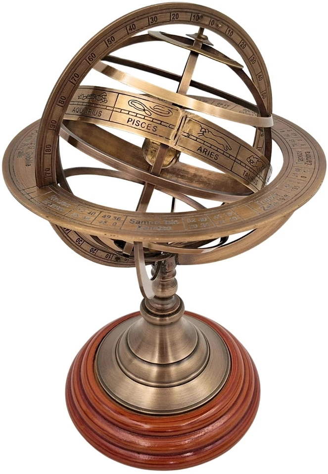 Mirtop Žalvarinė armiliarinė sfera-astrolabija ant medinio pagrindo, 28 cm