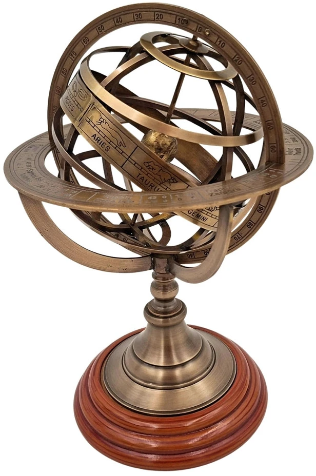 Mirtop Žalvarinė armiliarinė sfera-astrolabija ant medinio pagrindo, 28 cm