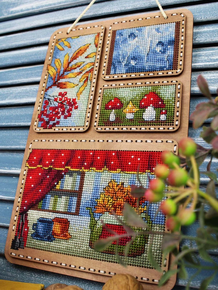 MP Studia Kryželių siuvinėjimo rinkinys ant medžio „Rudens koliažas“ 26x17 cm