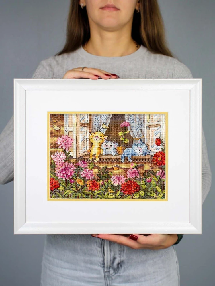 MP Studia Kryželiu siuvinėjimo rinkinys „Nerūpinga vaikystė“, katės, 19x25 cm
