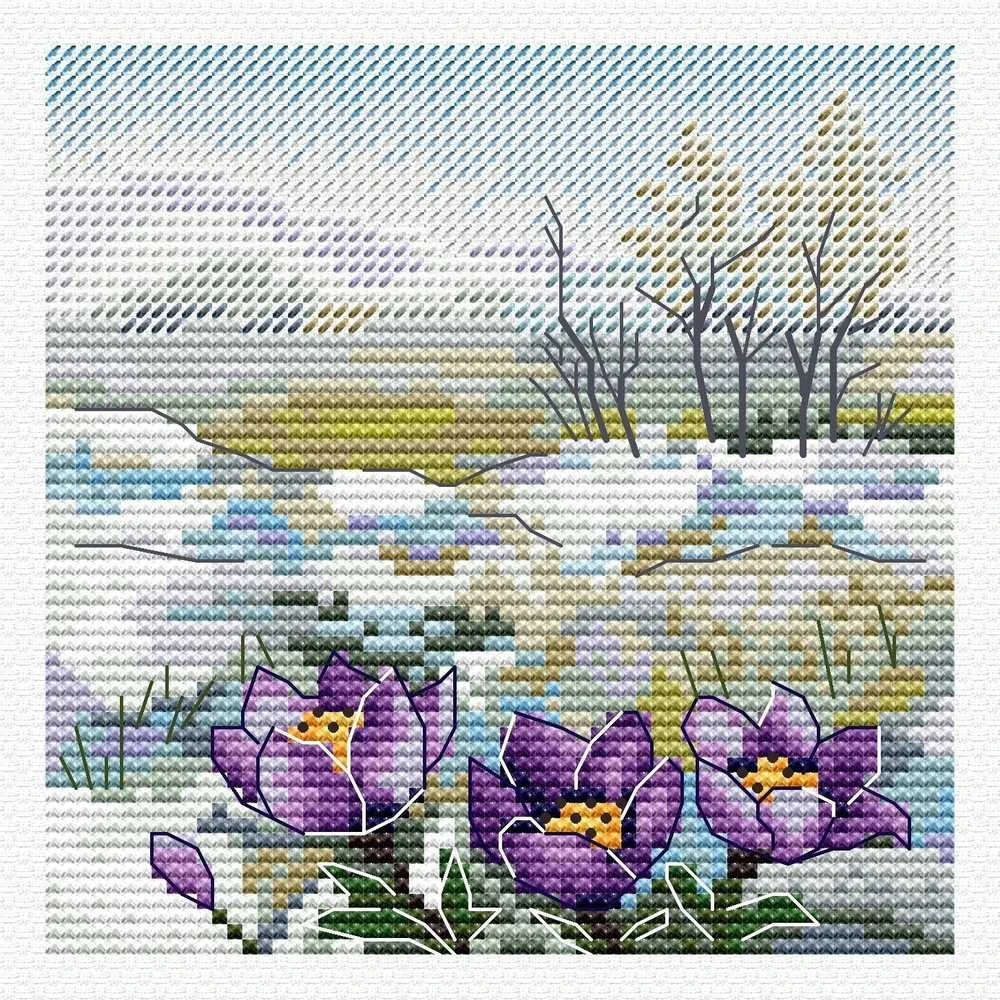 MP Studia Kryželiu siuvinėjimo rinkinys „Pirmosios gėlės“, 11×11 cm, pradedantiesiems