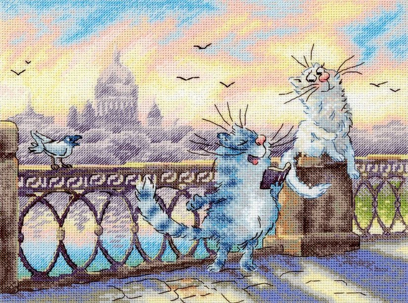 MP Studia Kryželiu siuvinėjimo rinkinys „Prie upės“ 25x20, katės ir miestas