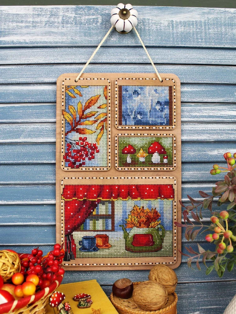MP Studia Kryželių siuvinėjimo rinkinys ant medžio „Rudens koliažas“ 26x17 cm
