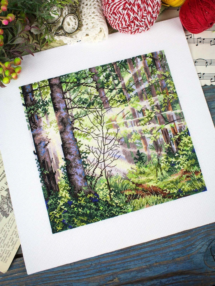 MP Studia Siuvinėjimo kryželiu rinkinys „Saulėtas miškas“, 20x20 cm peizažas