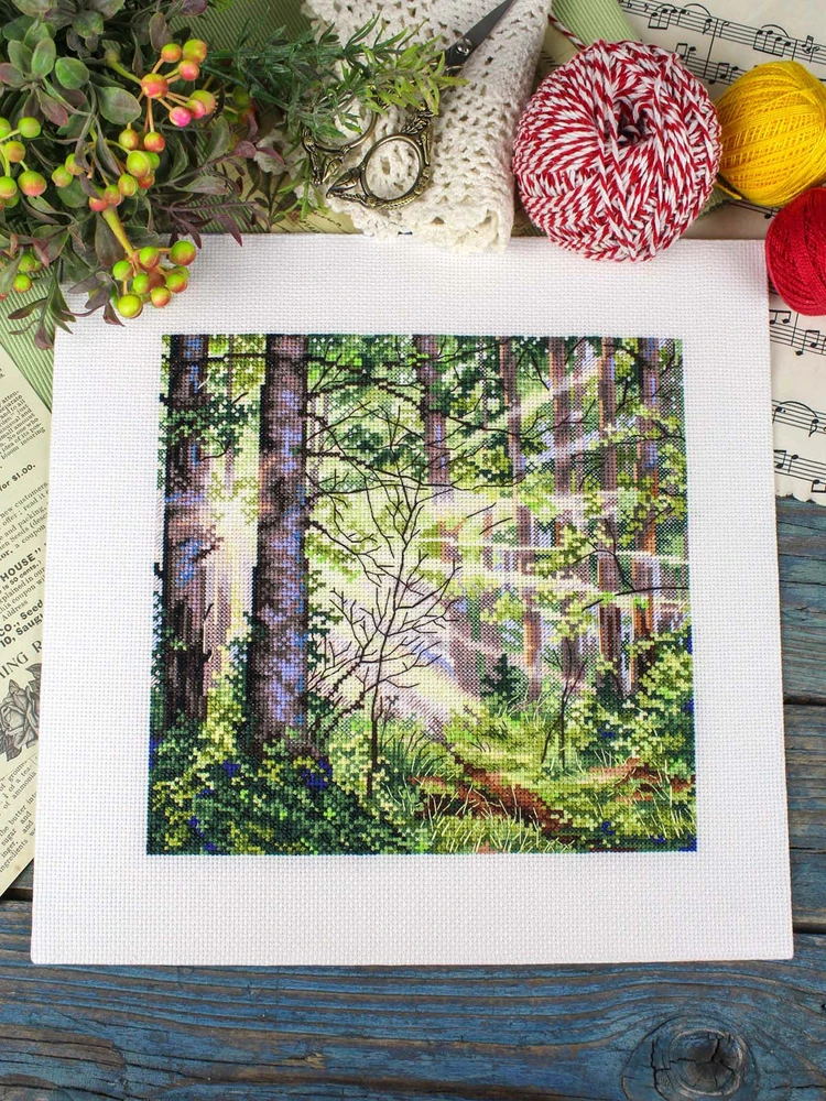 MP Studia Siuvinėjimo kryželiu rinkinys „Saulėtas miškas“, 20x20 cm peizažas
