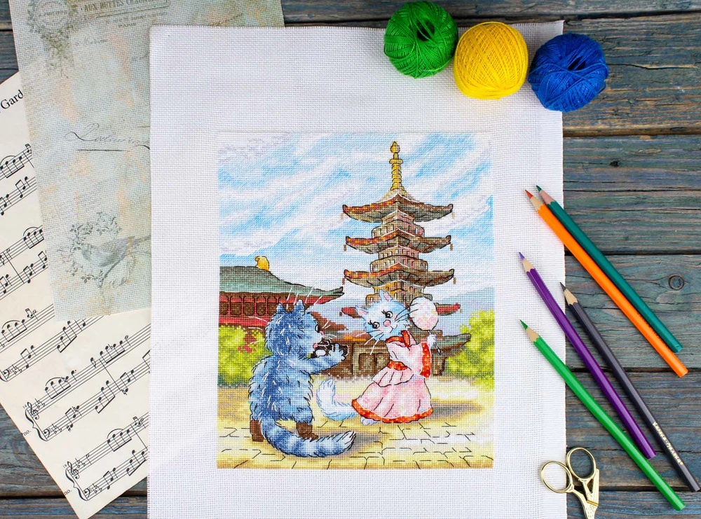 MP Studia Siuvinėjimo rinkinys kryželiu „Gracingas šokis“ katės, 25x20 cm