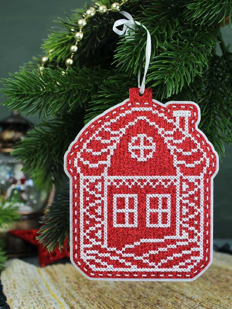 MP Studia Šventinis kryželių siuvinėjimo rinkinys eglutei „Namas sniege“, 13×11 cm