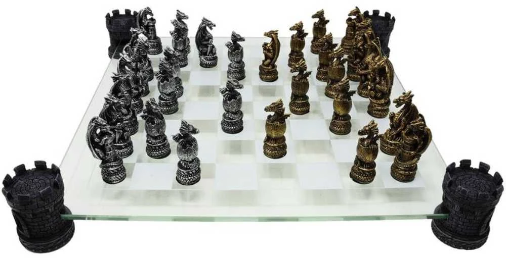 Mysticallstm Mayer Chess Drakonų fantazijos šachmatai su stikline lenta 42×42 cm, rankomis dažyti