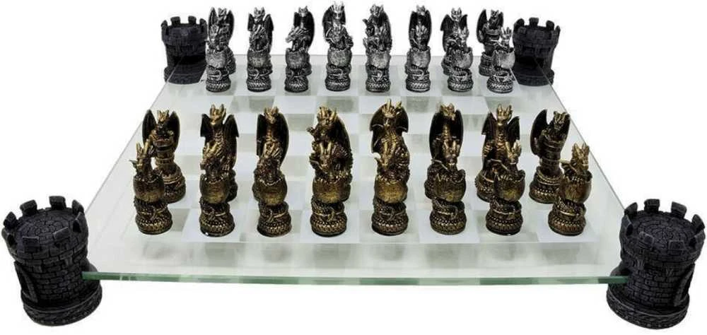 Mysticallstm Mayer Chess Drakonų fantazijos šachmatai su stikline lenta 42×42 cm, rankomis dažyti