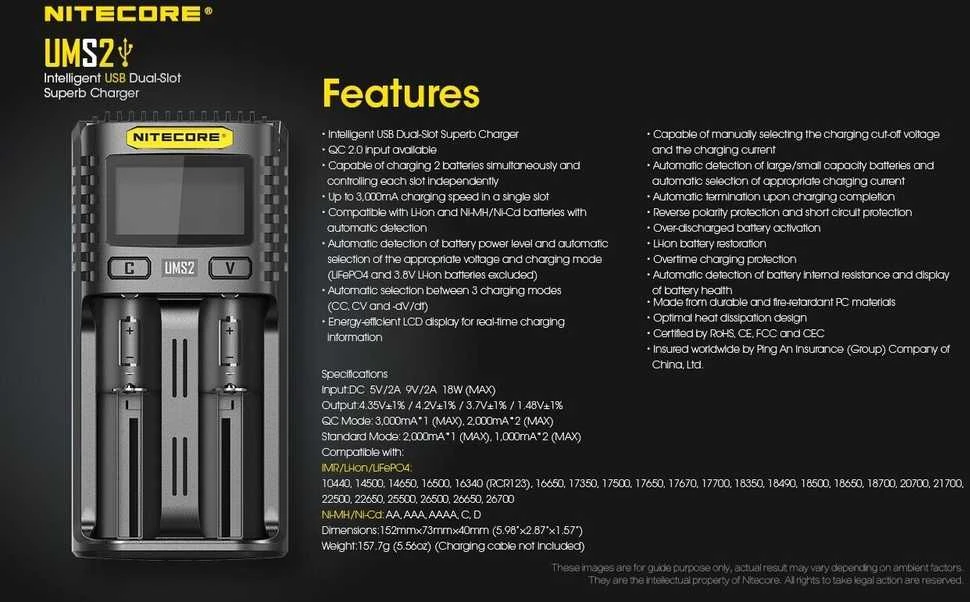 AKUMULIATORIŲ ĮKROVIKLIS 2 SLOT/UMS2 NITECORE