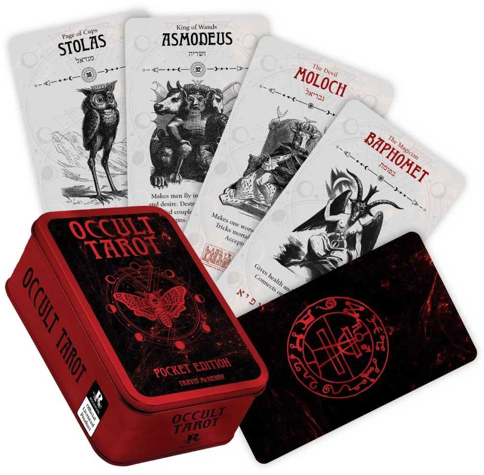 KNYGA Rockpool Occult Tarot kišeninės kortos skardinėje dėžutėje – 78 kortų kaladė