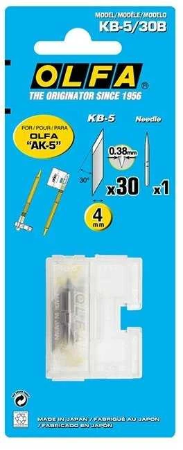 OLFA KB-5 atsarginės peiliukų geležtės, 30 vnt + adata