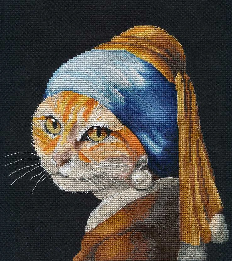 Oven Beldizart Siuvinėjimo kryželiu rinkinys "Katytė su perlais auskaruose" 21x22 cm S1654