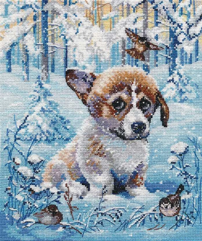 Oven Kryželių siuvinėjimo rinkinys „Sniego šuniukas“, 20×22 cm, 18 ct, 26 sp.