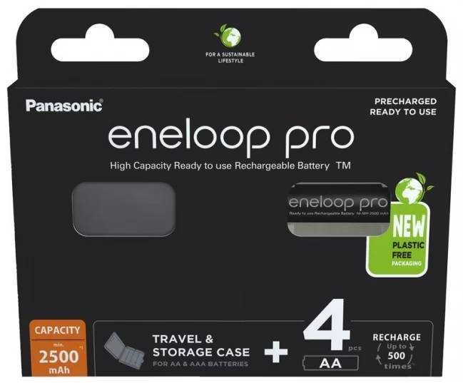 Panasonic Eneloop Pro AA 2500mAh įkraunamos baterijos 4vnt + dėklas