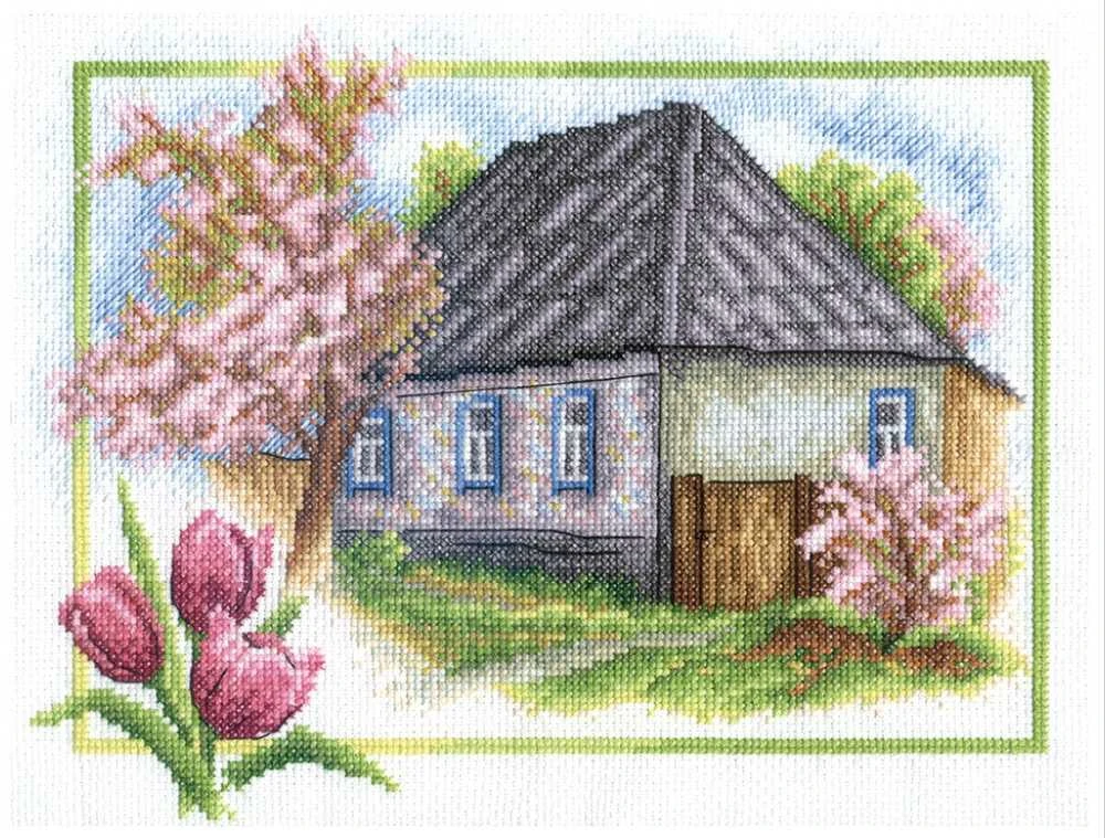 Panna Klart Kryželiu siuvinėjimo rinkinys „Pavasaris kaime“ – jauki kaimo scena
