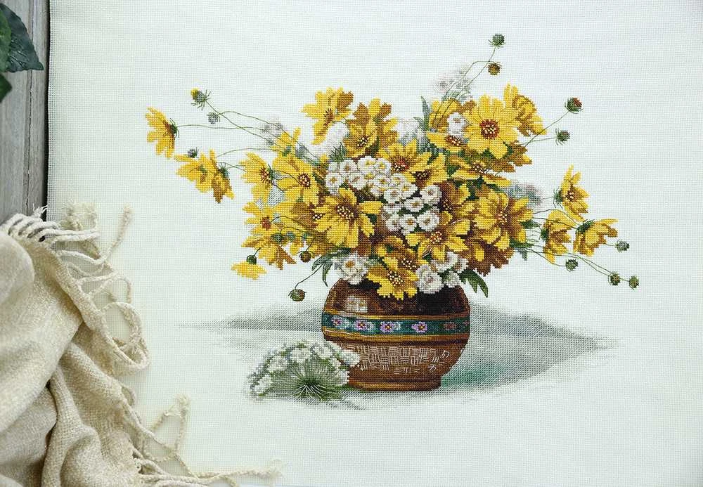 Panna Klart Kryželiu siuvinėjimo rinkinys „Geltonų gėlių puokštė“, 38×31 cm