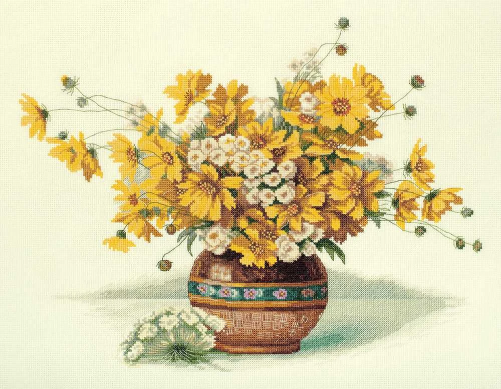 Panna Klart Kryželiu siuvinėjimo rinkinys „Geltonų gėlių puokštė“, 38×31 cm