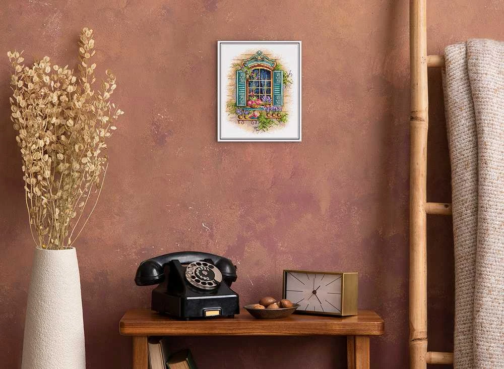Panna Klart Siuvinėjimo kryželiu rinkinys „Langas ir gėlės“, 18×21 cm