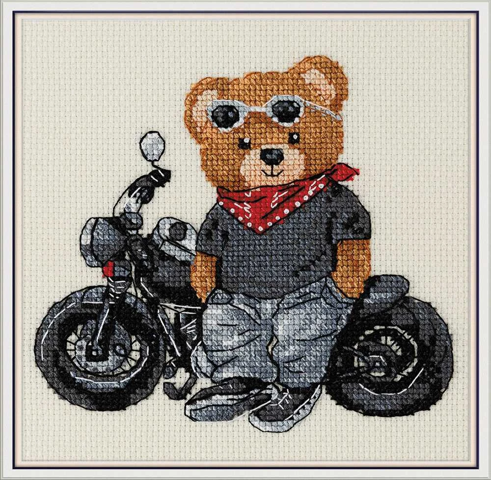 Panna Klart Siuvinėjimo kryželiu rinkinys „Biker Bear“ meškinas motociklininkas 15x14 cm