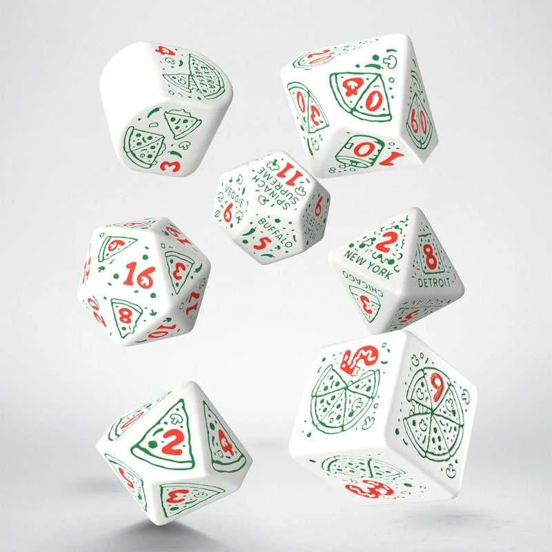 Žaidimų Kauliukų Rinkinys - Q WORKSHOP Pica Pepperoni 7 Kauliukai D4-D100 Balti