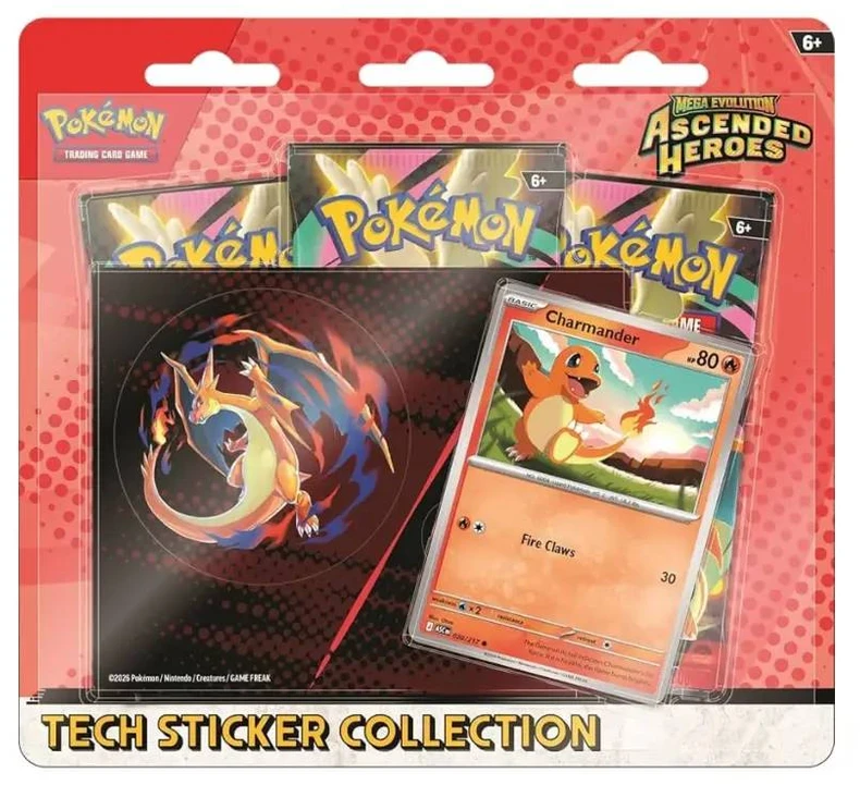 Kolekcionuojamų Lipdukų Paketas - Pokémon Mega Evolution Ascended Heroes Tech Lipdukų Kolekcija Su Charmander Folijos Promo Kortele, 3 Booster Rinkiniai, Tech Lipdukai, Daugiaspalvis