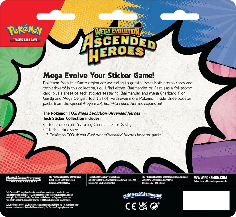 Kolekcionuojamų Lipdukų Paketas - Pokémon Mega Evolution Ascended Heroes Tech Lipdukų Kolekcija Su Charmander Folijos Promo Kortele, 3 Booster Rinkiniai, Tech Lipdukai, Daugiaspalvis