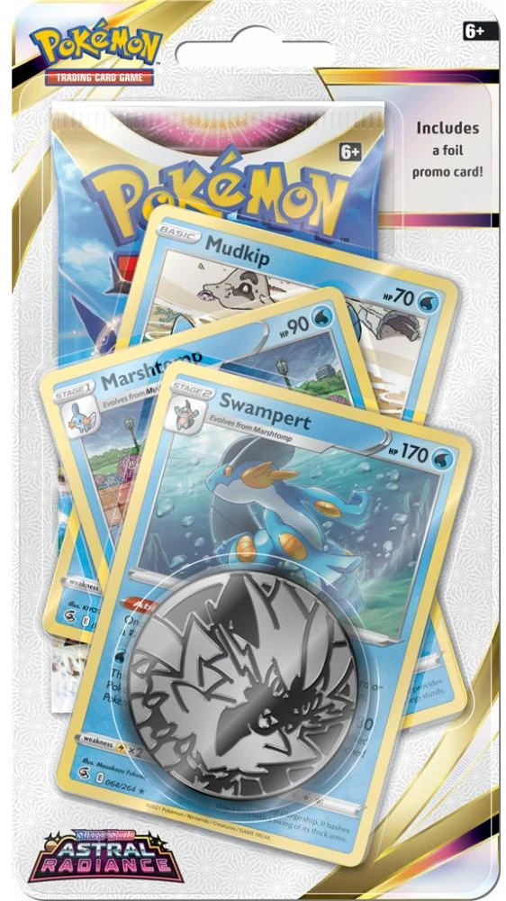 Kolekcionuojamos Kortelės - Pokémon TCG: Sword & Shield: Swampert Astral Radiance Checklane Premium Su 1 Booster Paketu, 3 Promo Kortelėmis, Moneta, Kodo Kortele, Hisui Region