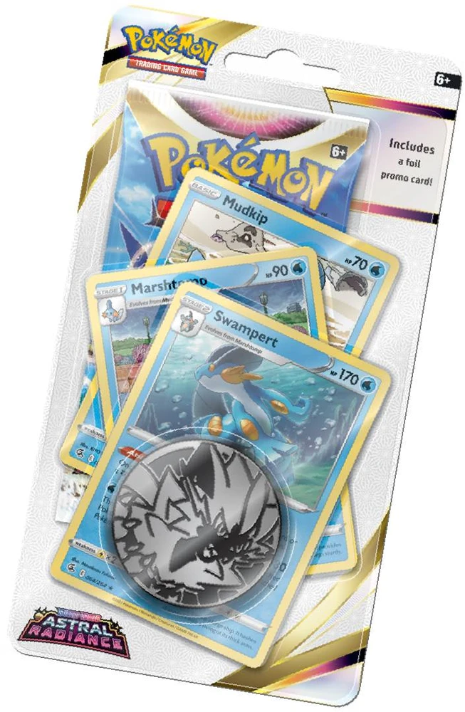 Kolekcionuojamos Kortelės - Pokémon TCG: Sword & Shield: Swampert Astral Radiance Checklane Premium Su 1 Booster Paketu, 3 Promo Kortelėmis, Moneta, Kodo Kortele, Hisui Region