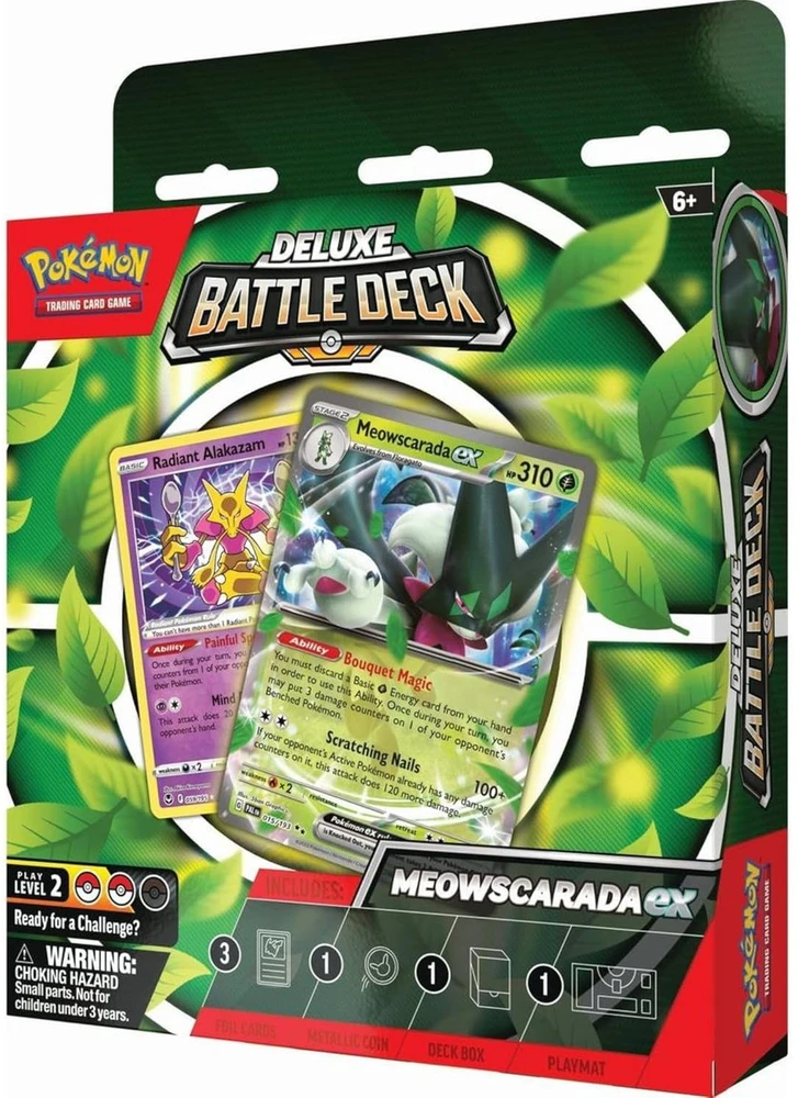 Žaidimų Kaladės Rinkinys - Pokémon Deluxe Battle Deck Meowscarada Ex 60 Kortų Rinkinys Su Žaidimo Kilimėliu, Žalos Skaičiuotuvais, Strategijos Lapu Žalia