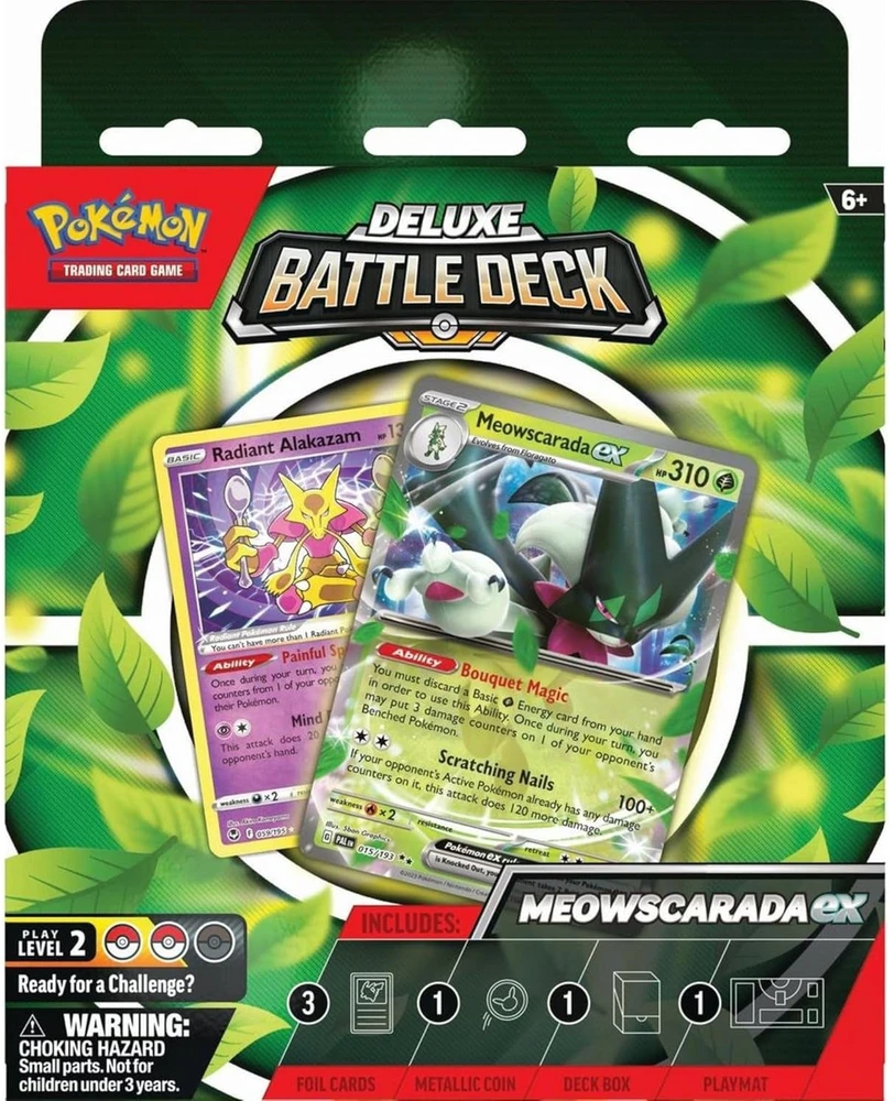 Žaidimų Kaladės Rinkinys - Pokémon Deluxe Battle Deck Meowscarada Ex 60 Kortų Rinkinys Su Žaidimo Kilimėliu, Žalos Skaičiuotuvais, Strategijos Lapu Žalia