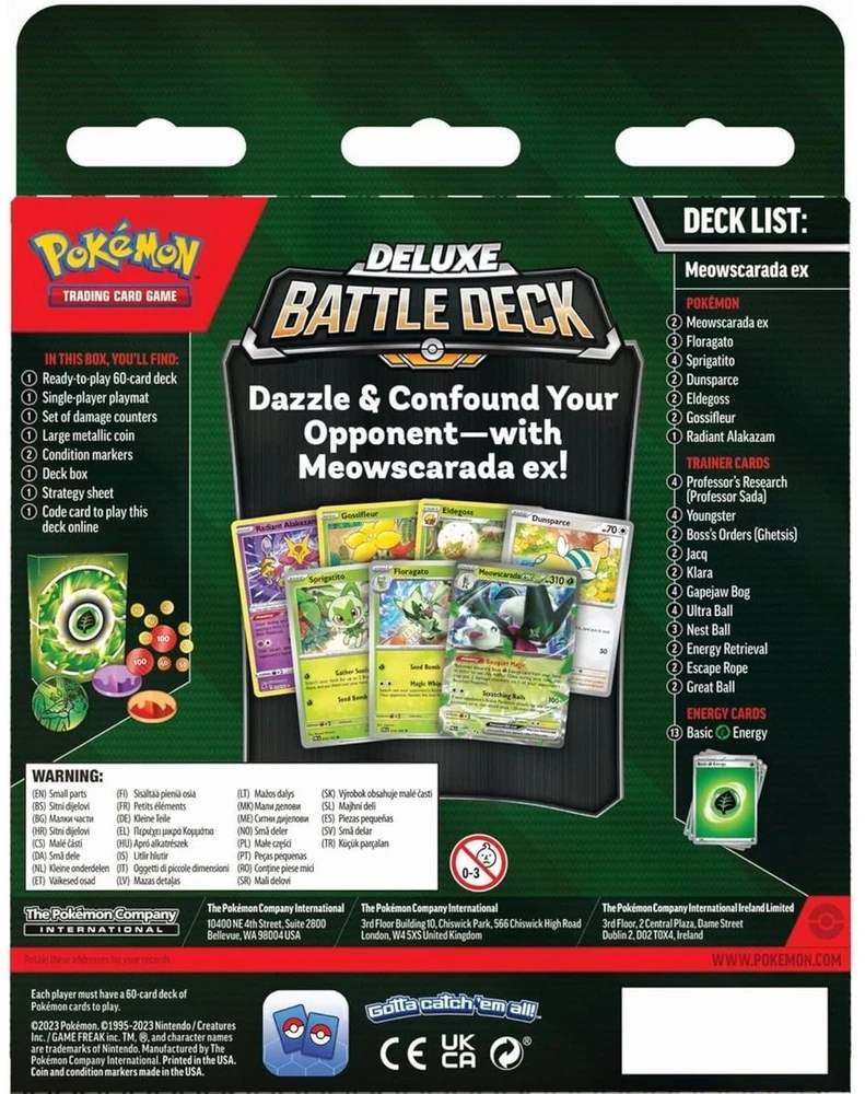 Žaidimų Kaladės Rinkinys - Pokémon Deluxe Battle Deck Meowscarada Ex 60 Kortų Rinkinys Su Žaidimo Kilimėliu, Žalos Skaičiuotuvais, Strategijos Lapu Žalia