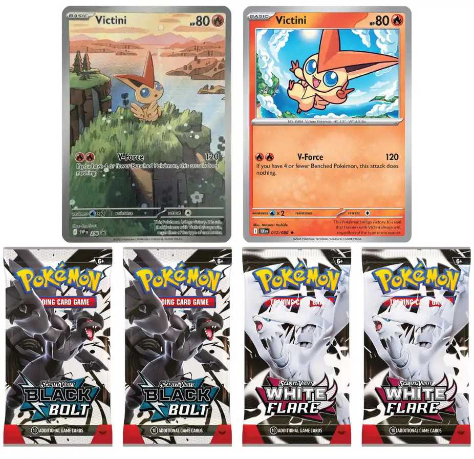 The Pokemon „Pokemon Pokemon TCG“: „Scarlet & Violet 10.5“ – Juodas Bolt ir Baltas Flare „Unova Victini“ iliustr. kolekcija