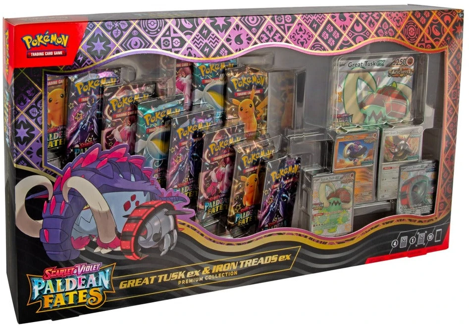 Kolekcionuojamos Kortelės - Pokémon Scarlet & Violet: Paldean Fates Great Tusk ex & Iron Threads ex Premium Kolekcija, 11 Booster Pakelių, Blizgus Apdaila