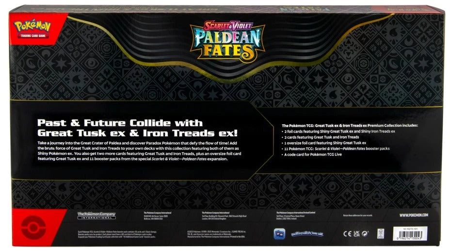 Kolekcionuojamos Kortelės - Pokémon Scarlet & Violet: Paldean Fates Great Tusk ex & Iron Threads ex Premium Kolekcija, 11 Booster Pakelių, Blizgus Apdaila