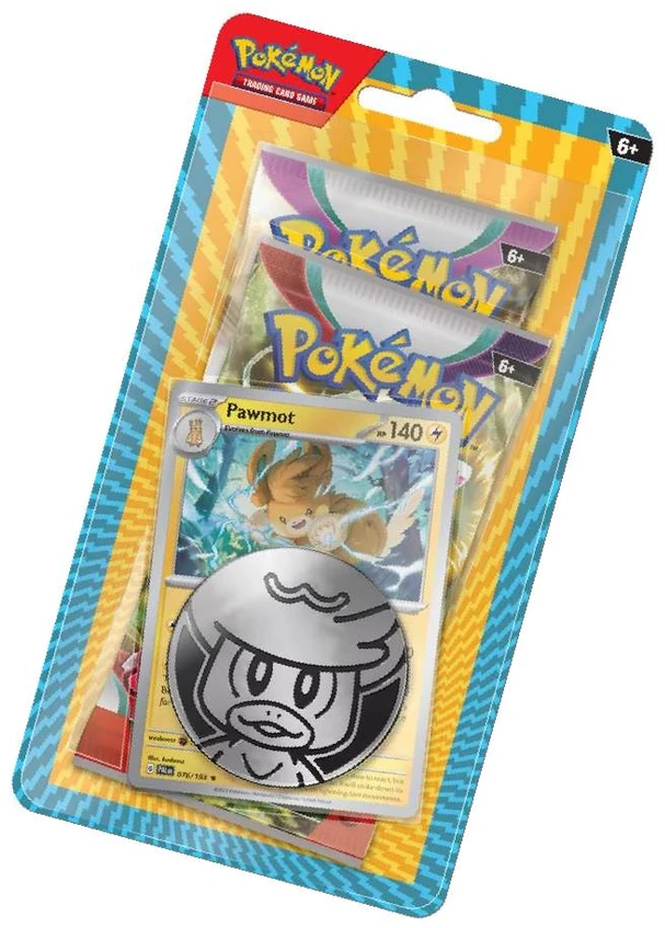 Kolekcionuojamos Kortelės - Pokémon TCG: Scarlet & Violet: Pawmot lizdinė pakuotė su moneta, 2 stiprintuvų rinkiniais, kodo kortele, anglų kalba