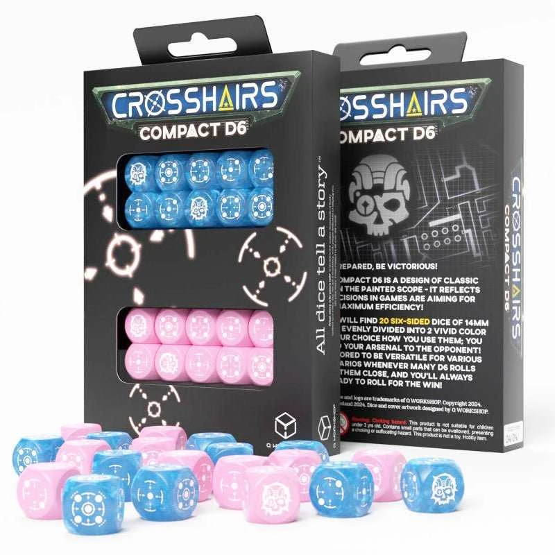 Q Workshop Crosshairs Compact D6 Rpg Kauliukų Rinkinys (Mėlynos Ir Rožinės Sp.)