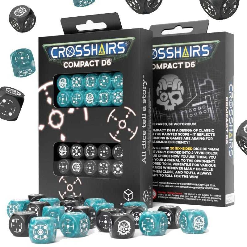 Q Workshop Crosshairs Compact D6 RPG Kauliukų Rinkinys (Audros Mėlyna Ir Juoda Sp.)