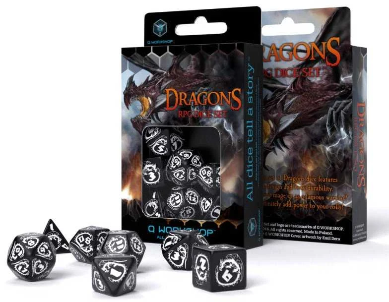 Q Workshop Dragons RPG Kauliukų Rinkinys Juodos Ir Baltos Spalvos