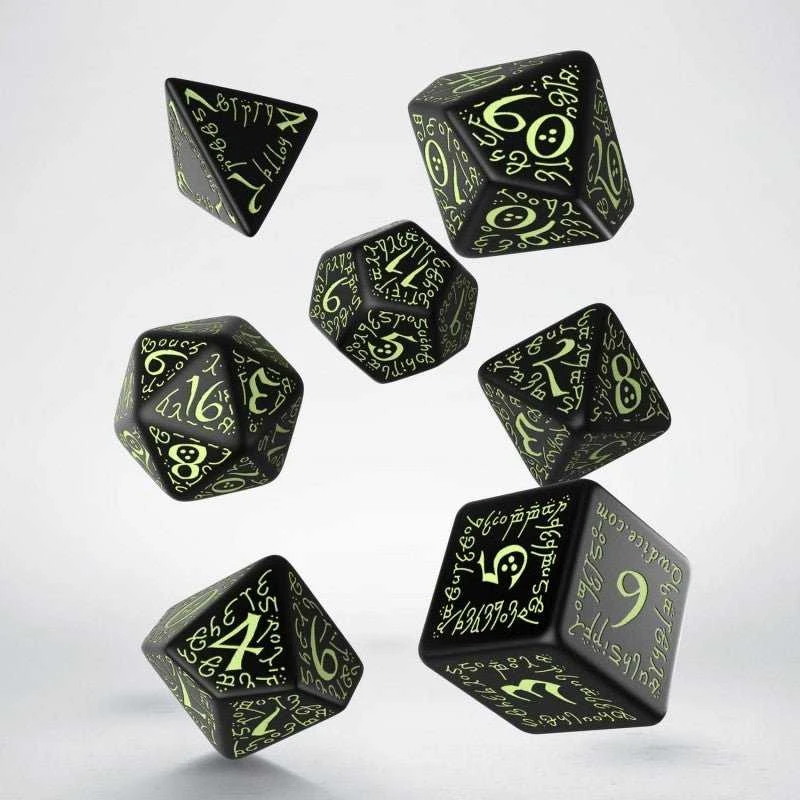 Q Workshop Kauliukų Rinkinys Elvish Juodos Ir Fluorescencinės Spalvos Šviečia Tamsoje