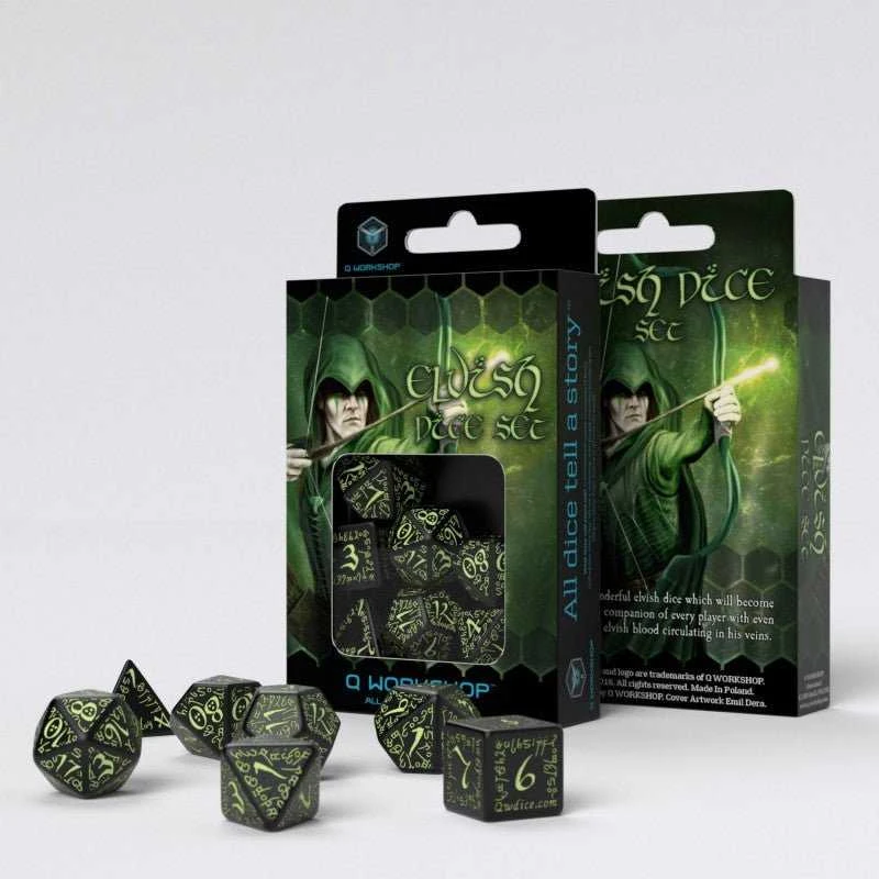 Q Workshop Kauliukų Rinkinys Elvish Juodos Ir Fluorescencinės Spalvos Šviečia Tamsoje