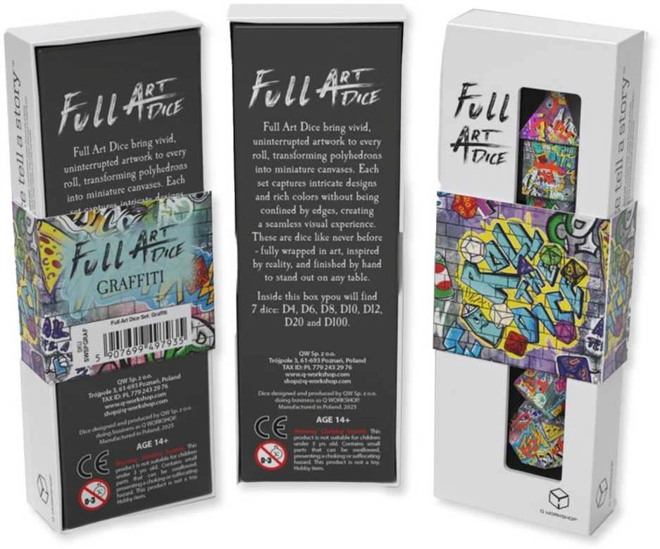 Q WORKSHOP Graffiti stalo RPG kauliukų rinkinys, 7 vnt – spalvoti full art