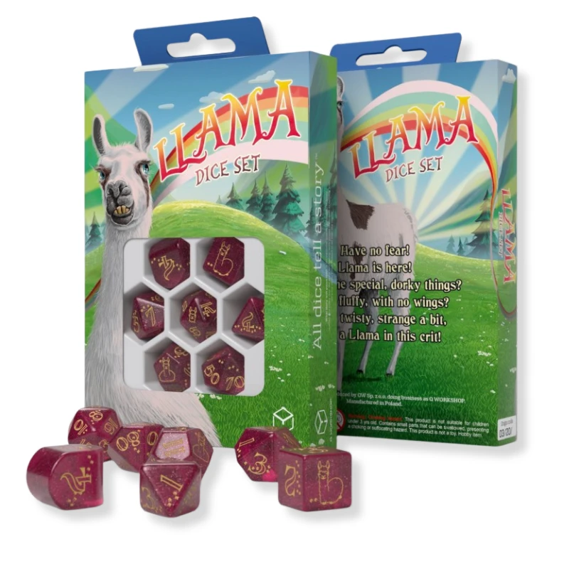 Kauliukų Rinkinys - Q-WORKSHOP Llama Kauliukų 7 Kauliukai Plastikas Auksiniai Įrašai Avietinė