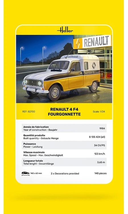 Renault 4 F4 Fourgonnette surenkamas furgono modelis Heller 1/24 82700