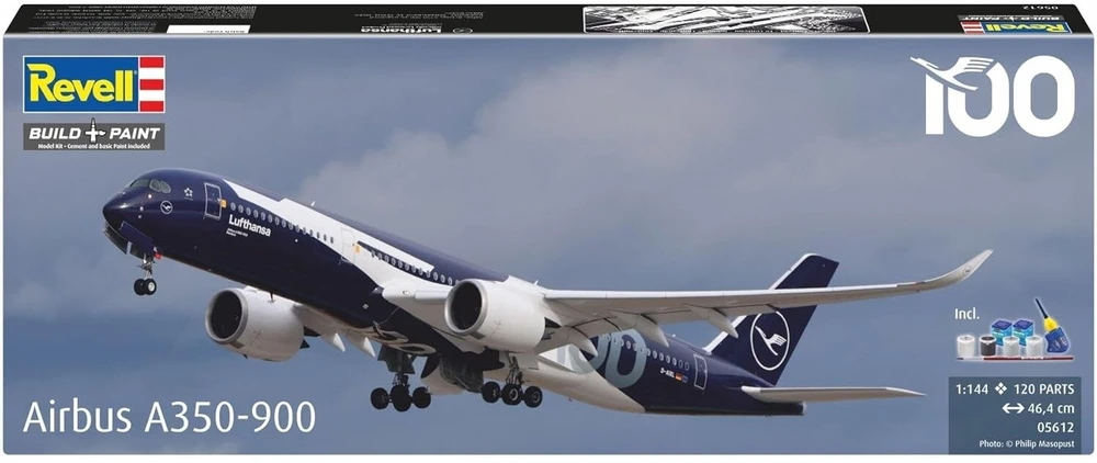 Revell Airbus A350-900 Lufthansa 100 dovanų rinkinys 1:144 su dažais