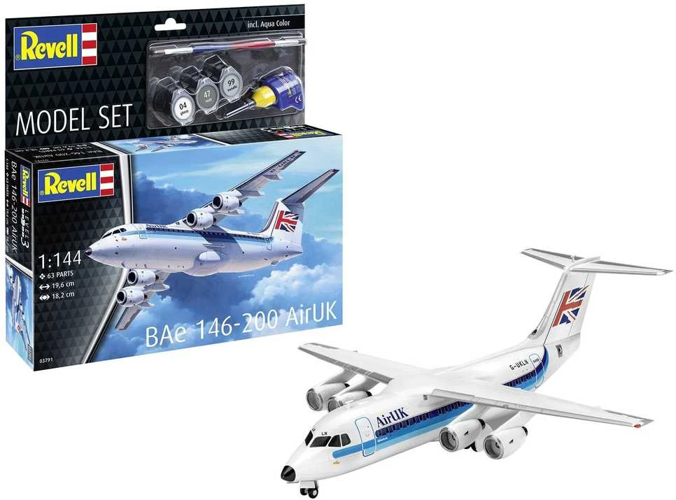 Revell BAe 146-200 AirUK lėktuvas 1/144 – dovanų rinkinys su dažais ir klijais