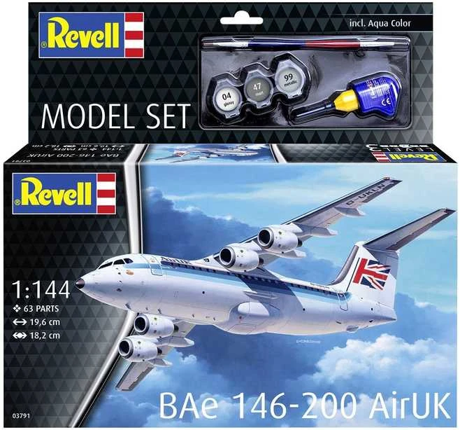 Revell BAe 146-200 AirUK lėktuvas 1/144 – dovanų rinkinys su dažais ir klijais