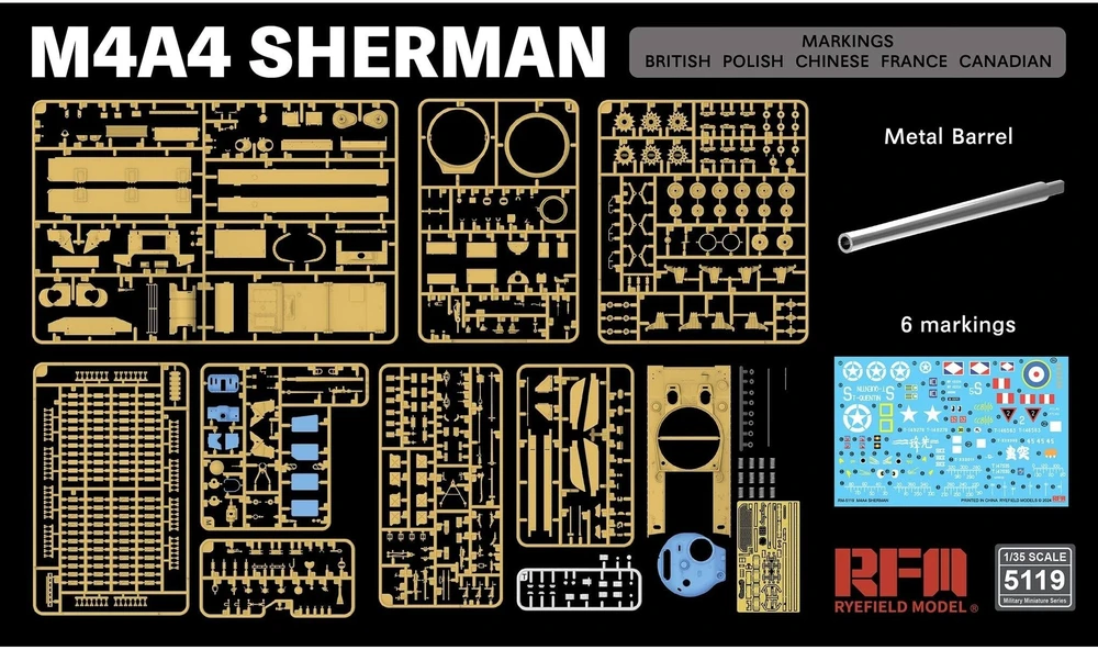 RFM M4A4 Sherman 1/35 plastikinis surenkamas tanko modelis su lipdukais