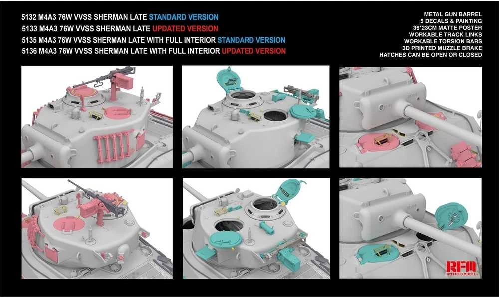 RFM Rye Field M4A3 Sherman 76W VVSS, 1/35 vėlyvas patobulintas tankas