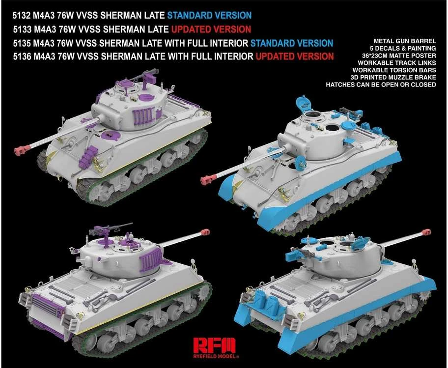 RFM Rye Field M4A3 Sherman 76W VVSS, 1/35 vėlyvas patobulintas tankas